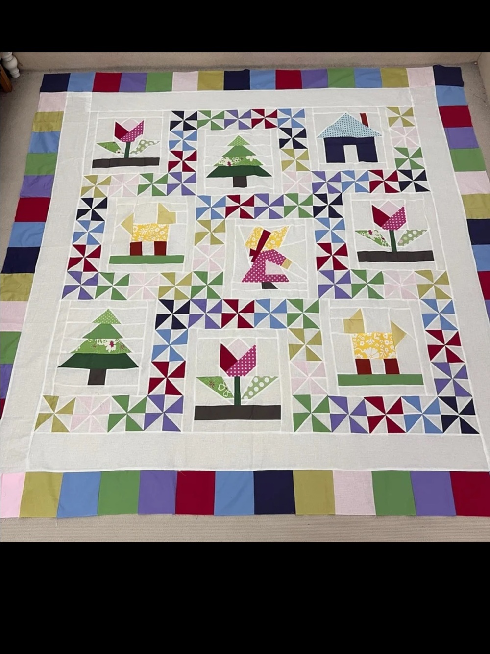 Handmade Sunbonnet Sue 100%Cotton Queen size Patchwork Quilt Top/Topper